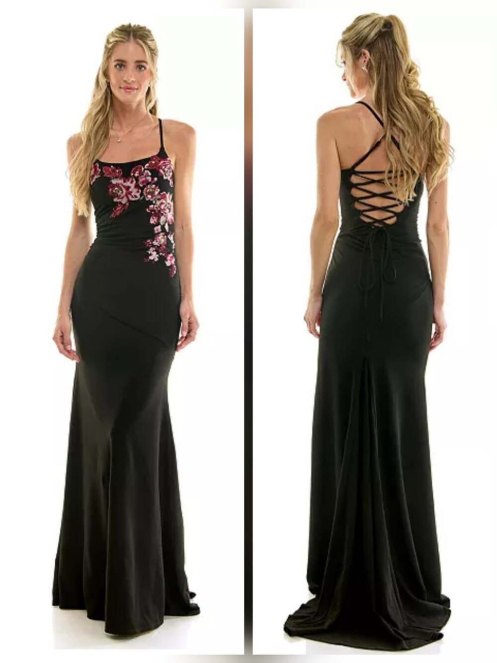 Honey and Rosie - Long dress with floral appliques, round neck and cordoned back
